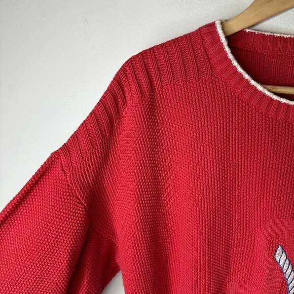 Vintage Men's Knitted Crew Neck Sweater XL Red Cotton Blend Nautical Anchor Rope - Picture 4 of 8